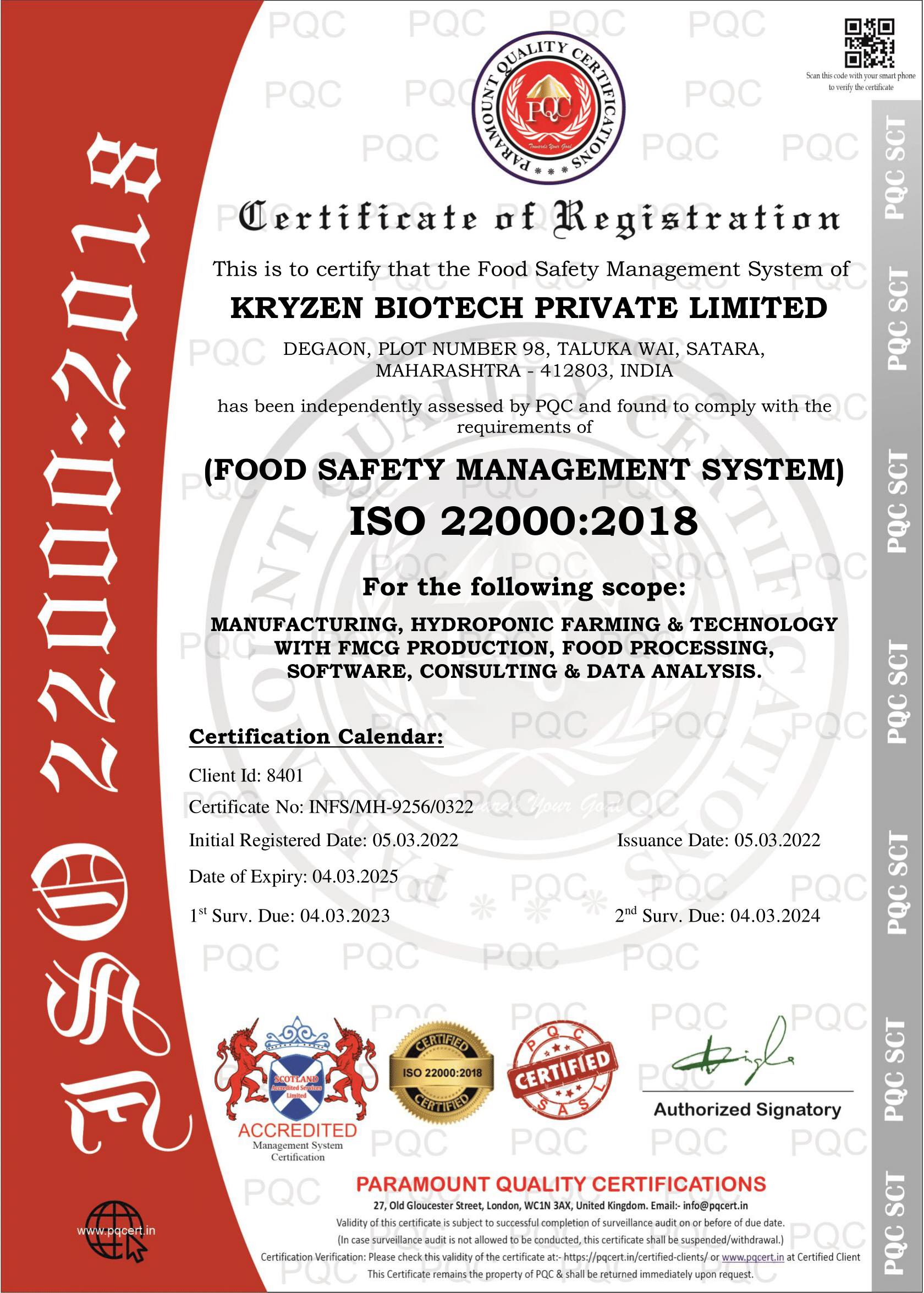 Kryzen Biotech ISO22000:2018